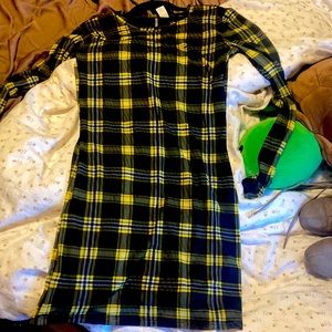 Yellow plaid mini dress with mesh sleeve